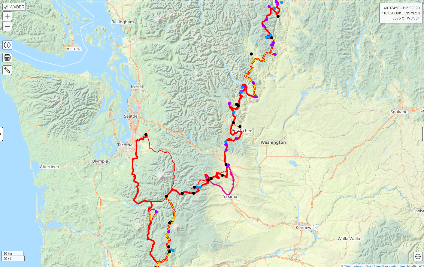 The route as-used. This map has some extra tracks on it because I had to detour on my way home to avoid wildfires in Packwood. The dots are campsites, resupply spots, or attractions.