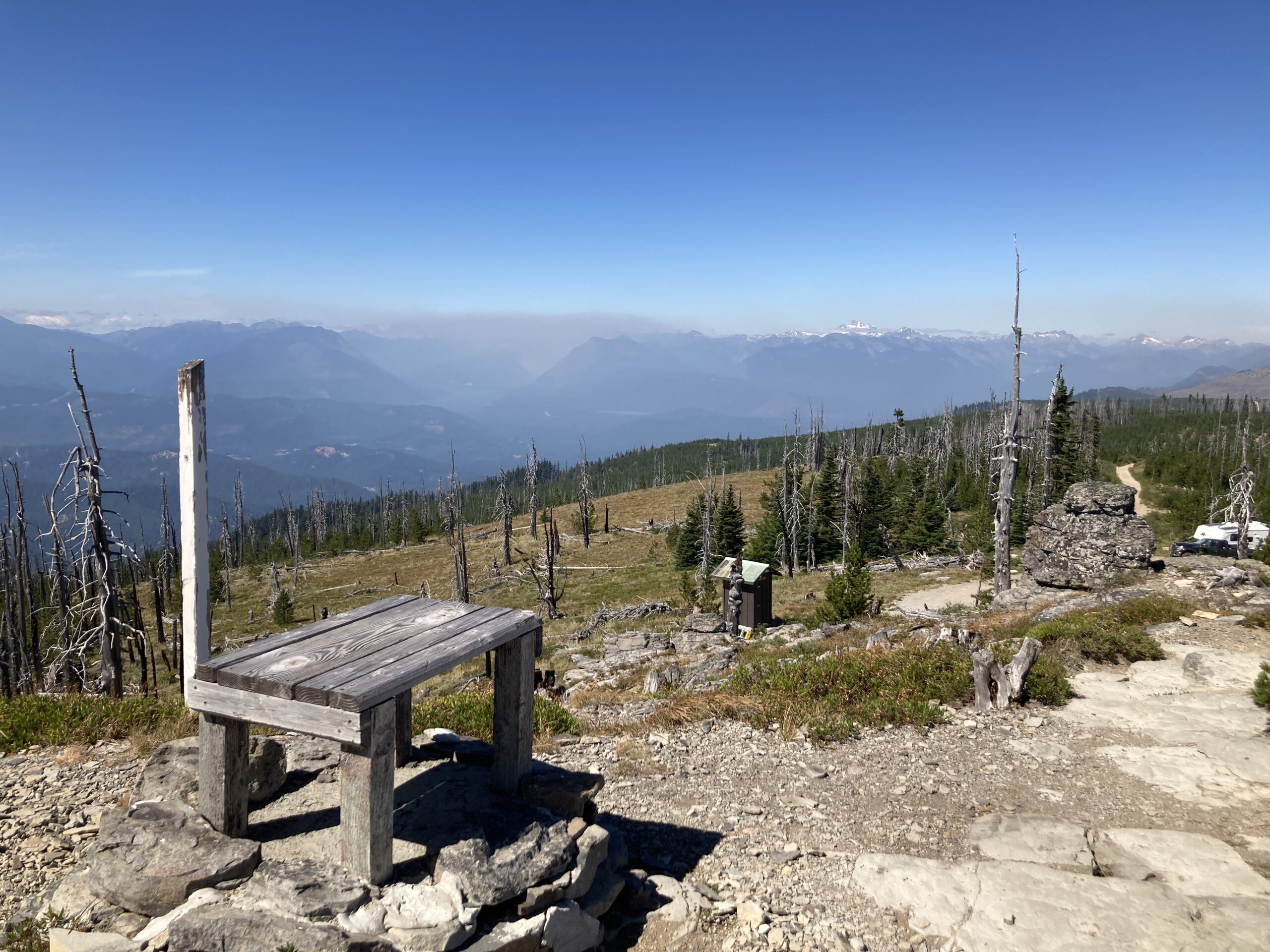 Glacier Peak and the smoke from two fires, as seen from the Sugarloaf Lookout tower.